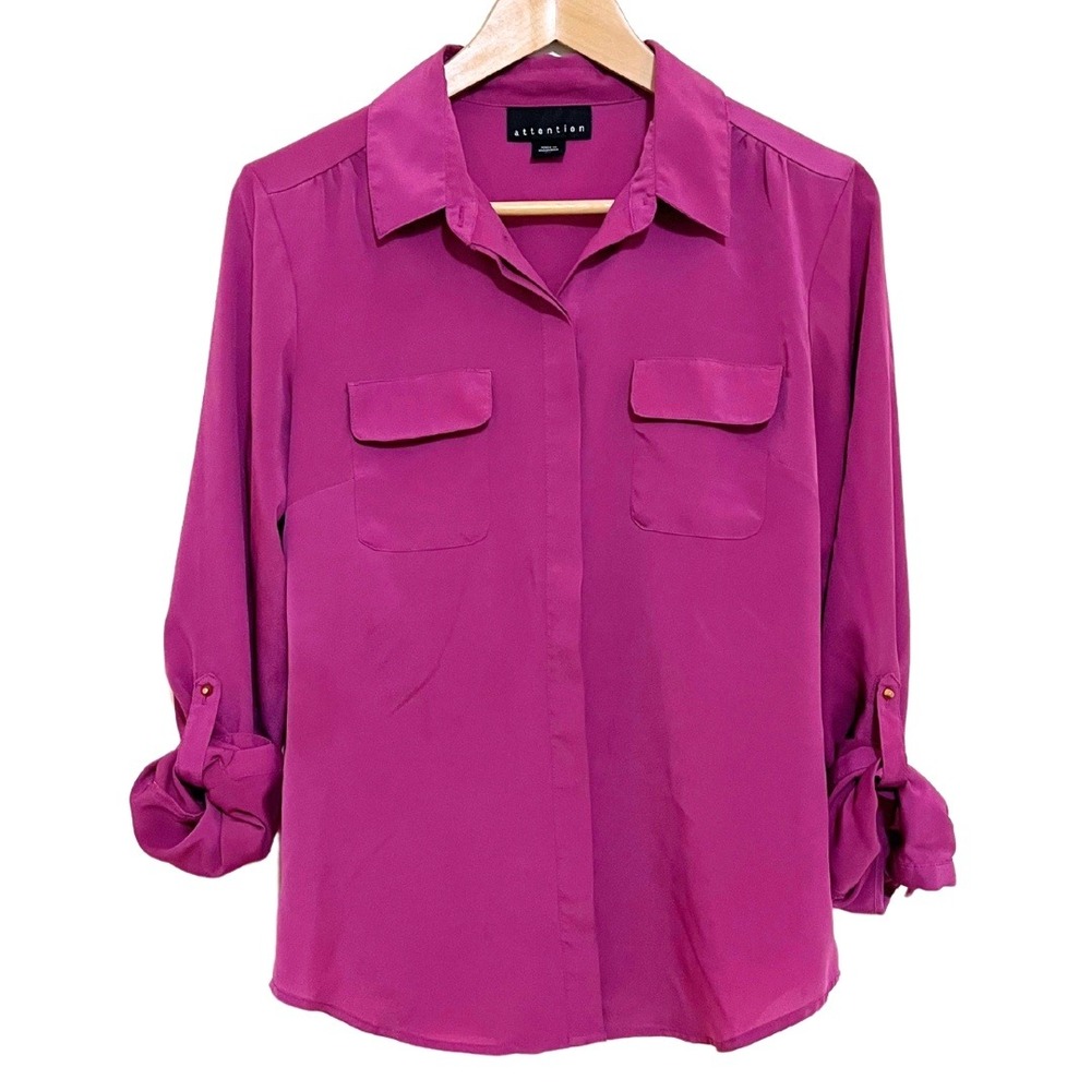 Chiffon Roll Tab Sleeve Gold Stud Button Down Magenta Pink Blouse – Attention, S